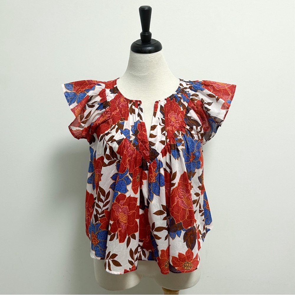 Maurices Floral Split V Neck Short Flutter Sleeve Pintuck Lightweight Top Medium